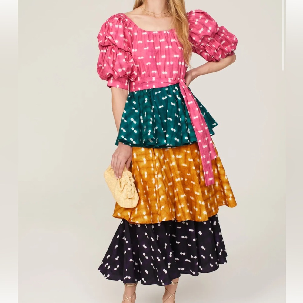Multi-Color Tiered Midi Dress with Puff Sleeves